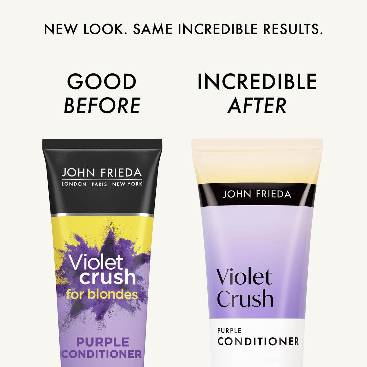 John Frieda pouring conditioner to show creamy violet texture and easy application benefit