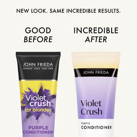John Frieda pouring conditioner to show creamy violet texture and easy application benefit