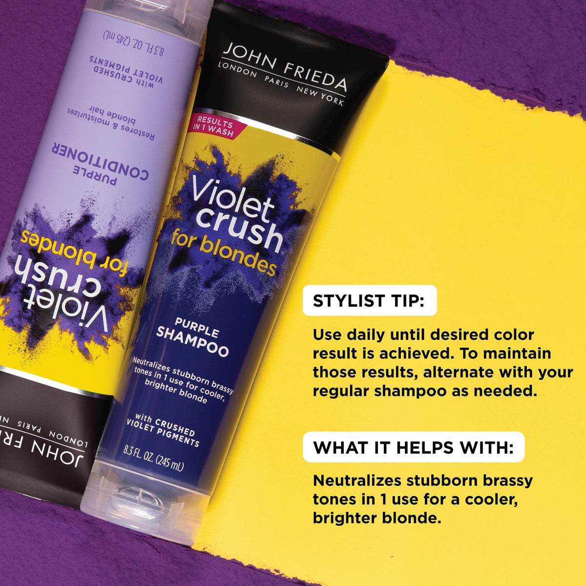 John Frieda shampoo texture closeup showing violet pigment for neutralizing brass