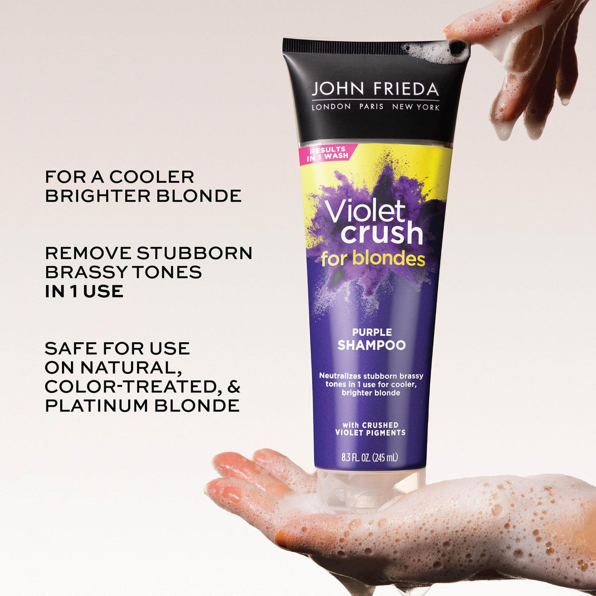 John Frieda shampoo texture purple lather demonstrating pigment deposit