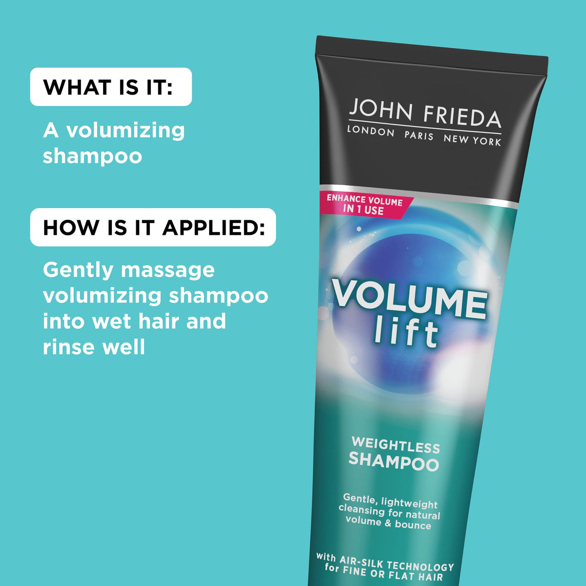 John Frieda bottle next to common item showing 8.45 oz scale