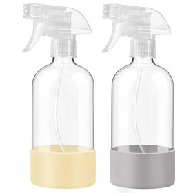 JohnBee glass spray bottles front view showing pale yellow and grey sleeves, durable and refillable