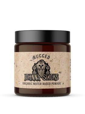 Johnny Slicks front jar showing Rugged scent and strong hold benefit