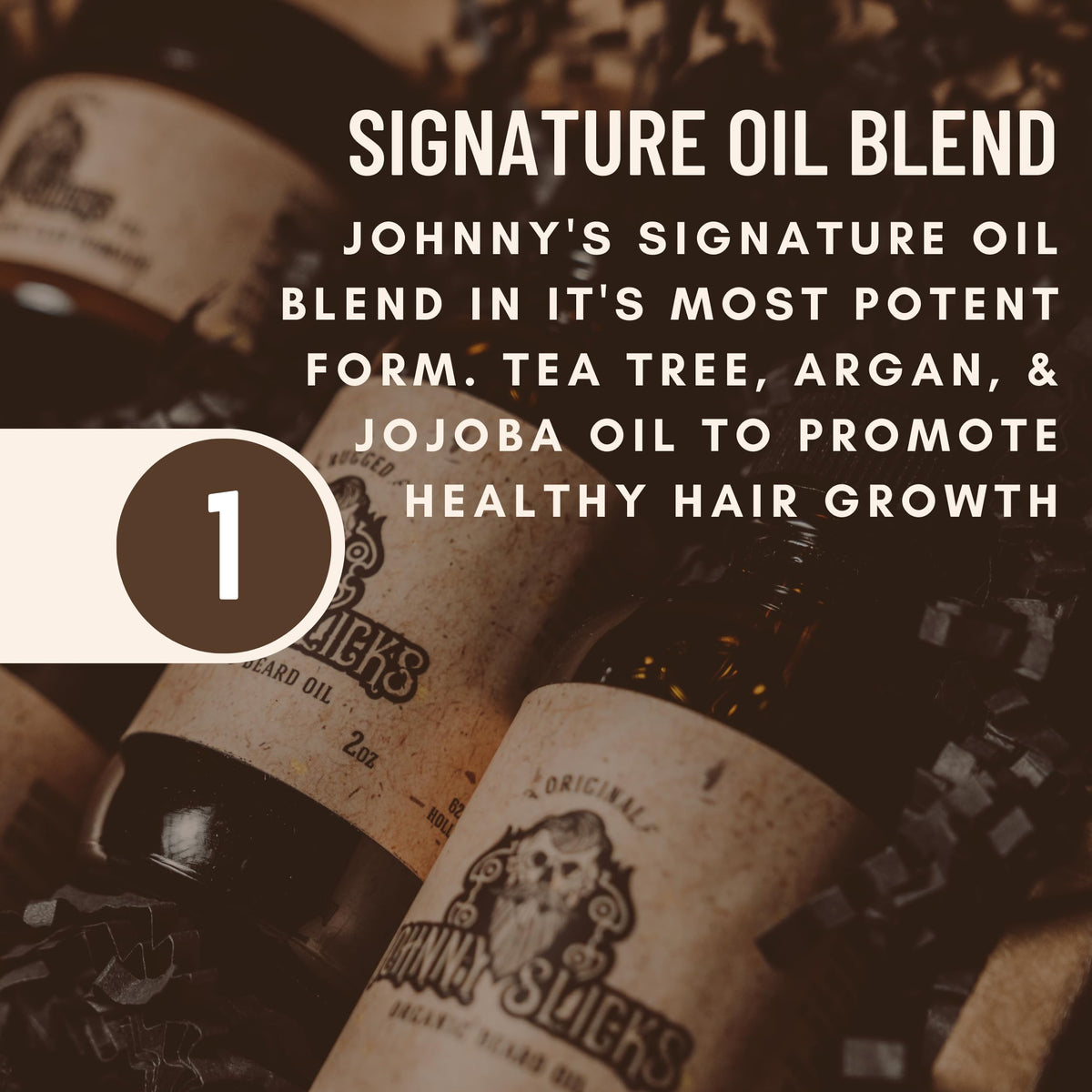 Johnny Slicks ingredient flatlay with oils highlighting organic ingredients benefit