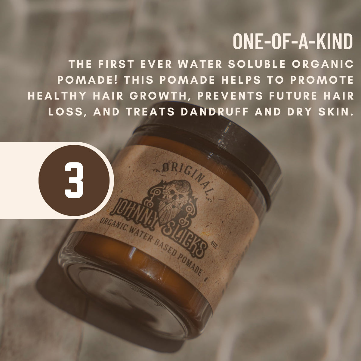 Johnny Slicks ingredient display highlighting natural oils and beeswax
