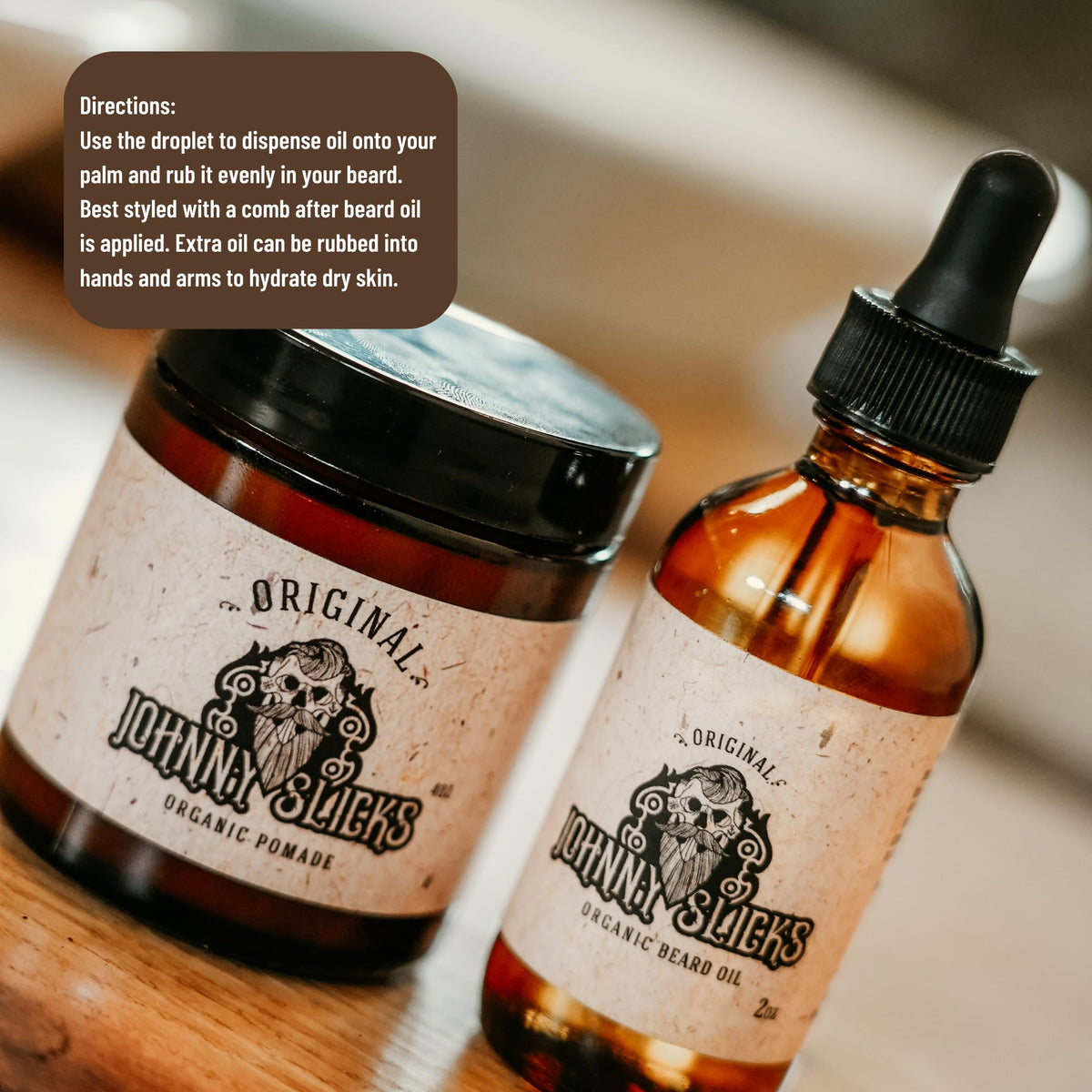 Johnny Slicks bottle next to hand for scale showing compact, travel‑friendly size benefit