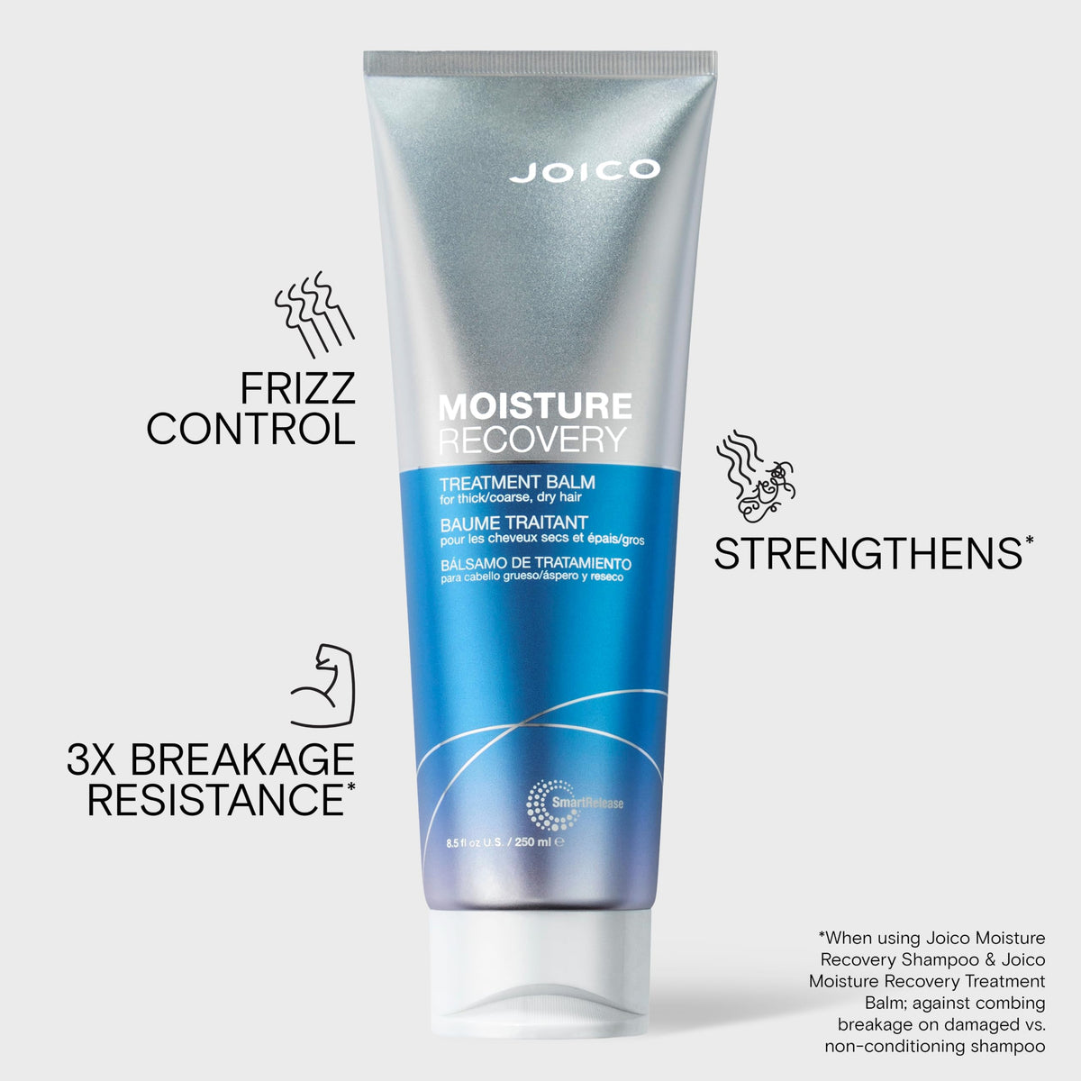 Applying Joico Moisture Recovery Treatment Balm to damp hair for instant softness and manageability