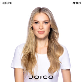 Joico shampoo pump close-up with rich lather forming, clarifying hair
