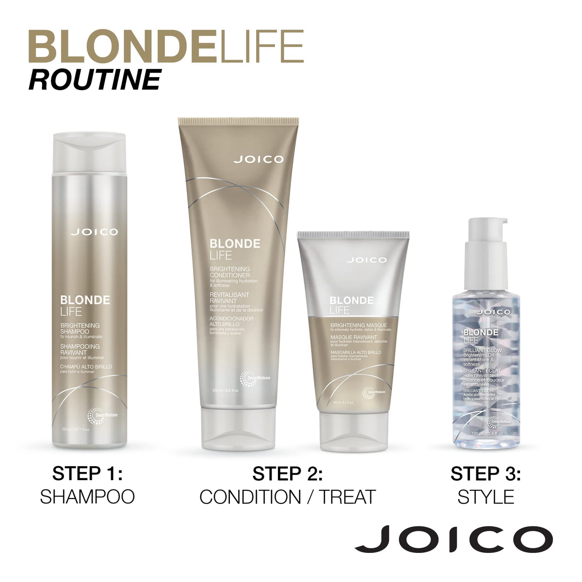 Joico bottles styled on bathroom shelf for everyday blonde care