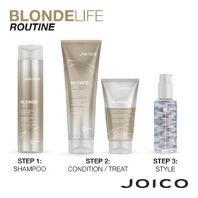 Joico bottles styled on bathroom shelf for everyday blonde care