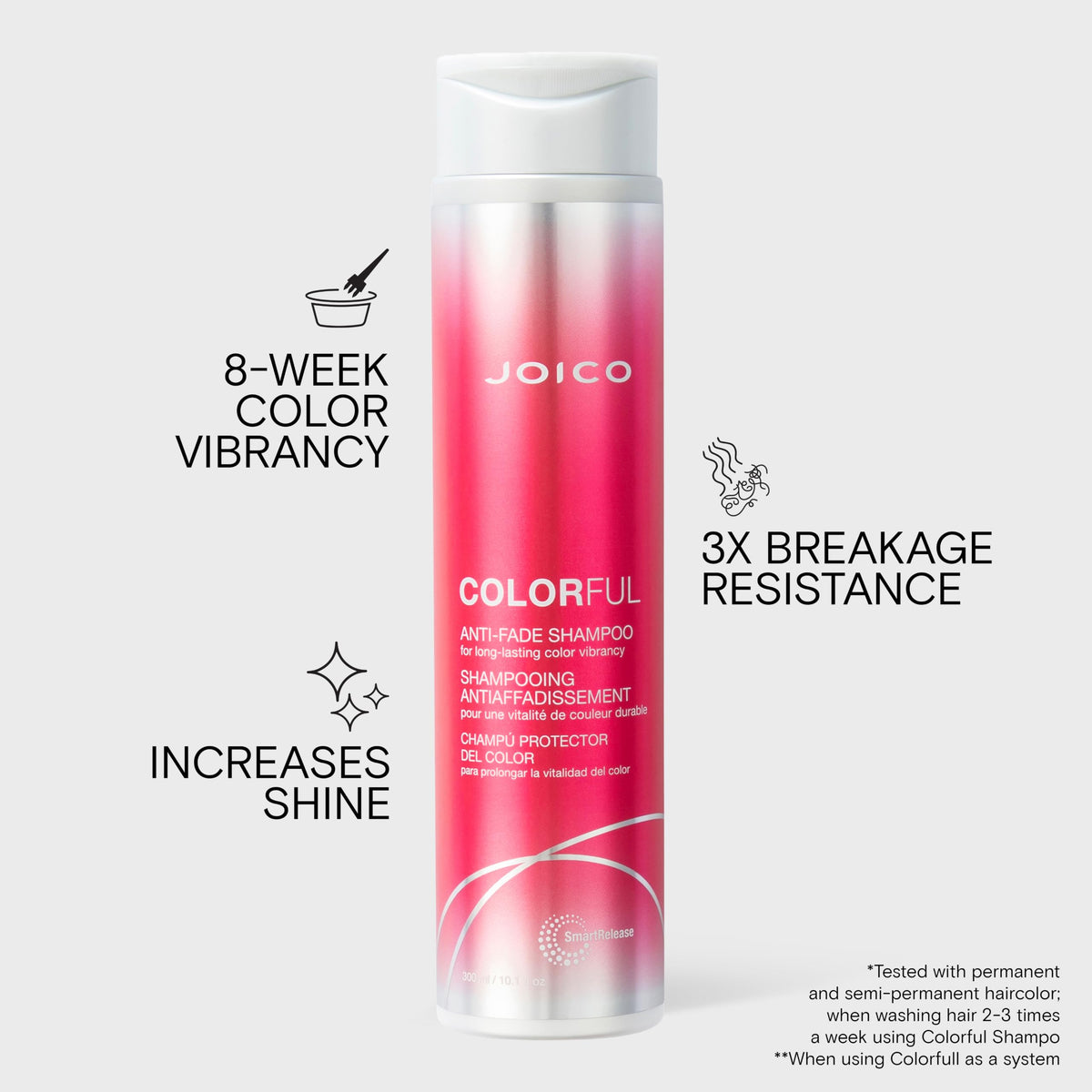 Joico Colorful shampoo being dispensed demonstrating gentle, controlled application