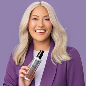 Joico styling in use with blowdryer and brush demonstrating faster drying and reduced frizz benefits