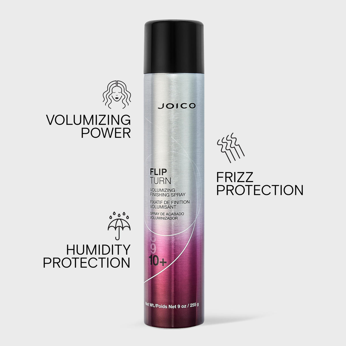 Joico spraying upside-down into roots demonstrating instant lift and volume
