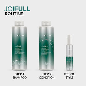 Joico JoiFULL bottle beside hand for scale showing large 33.8 oz size and value