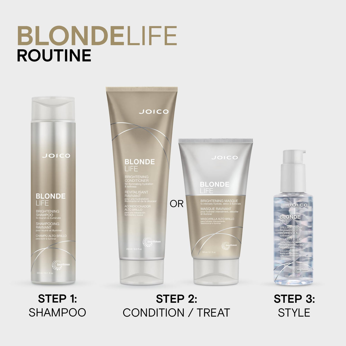 Joico conditioner on bathroom shelf with blonde model for polished lifestyle look