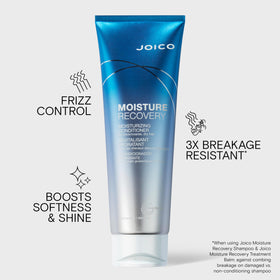 Joico conditioner being applied in shower to wet hair showing easy detangling and moisture