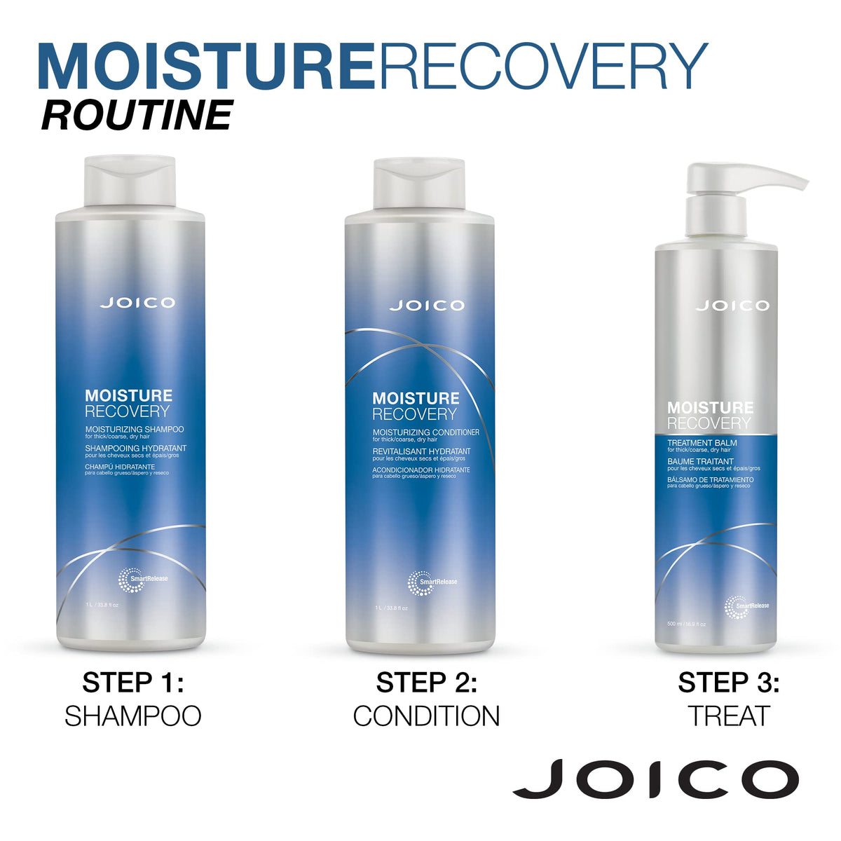 Joico bottles staged on bathroom shelf in lifestyle scene suggesting daily routine ease