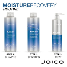 Joico bottles staged on bathroom shelf in lifestyle scene suggesting daily routine ease
