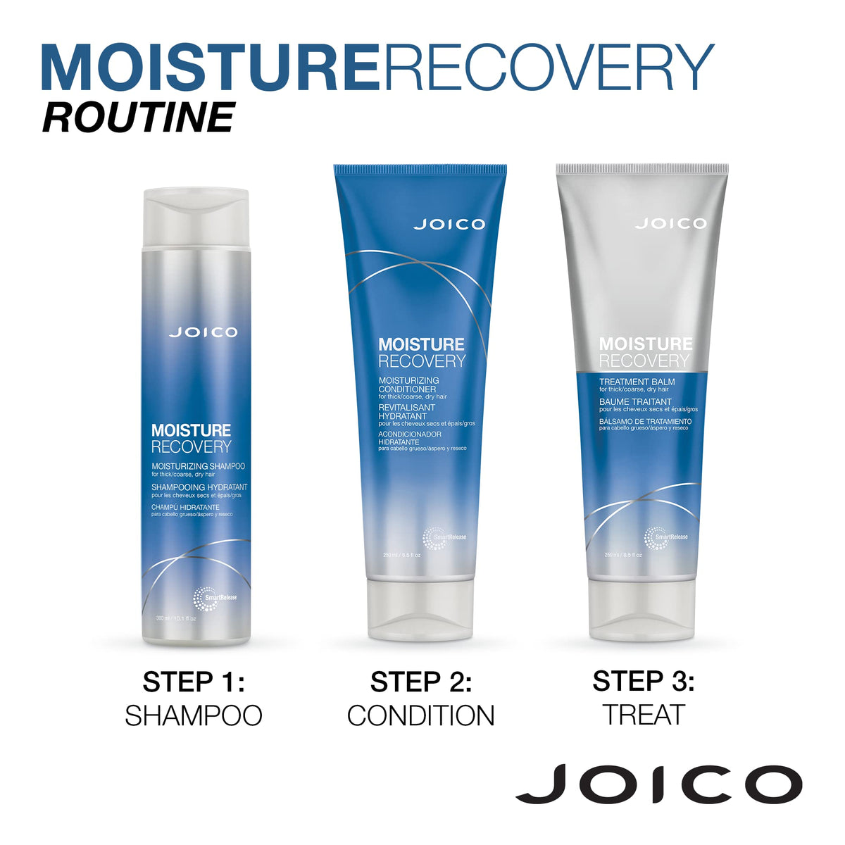 Joico products styled on bathroom shelf suggesting daily routine