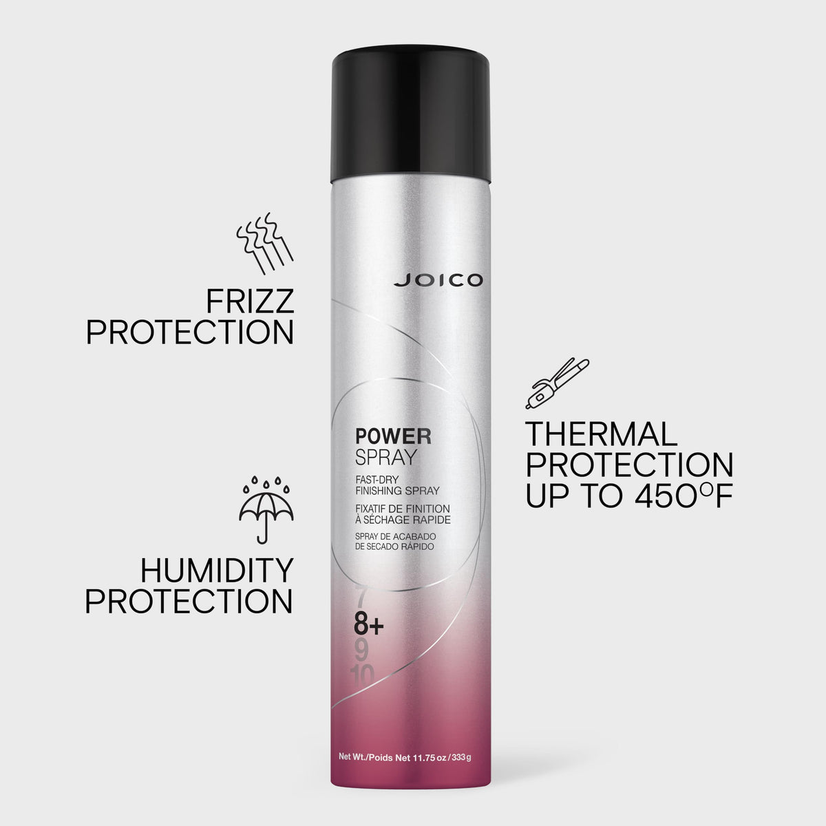 Joico Power Spray label closeup highlighting ingredients and claims