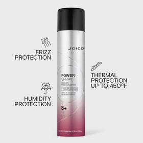 Joico Power Spray label closeup highlighting ingredients and claims