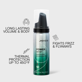 Joico Power Whip next to a ruler showing 1.7 fl oz size for portability and shelf-friendly storage