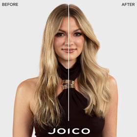Joico closeup of pump and label highlighting ingredients and usage benefit