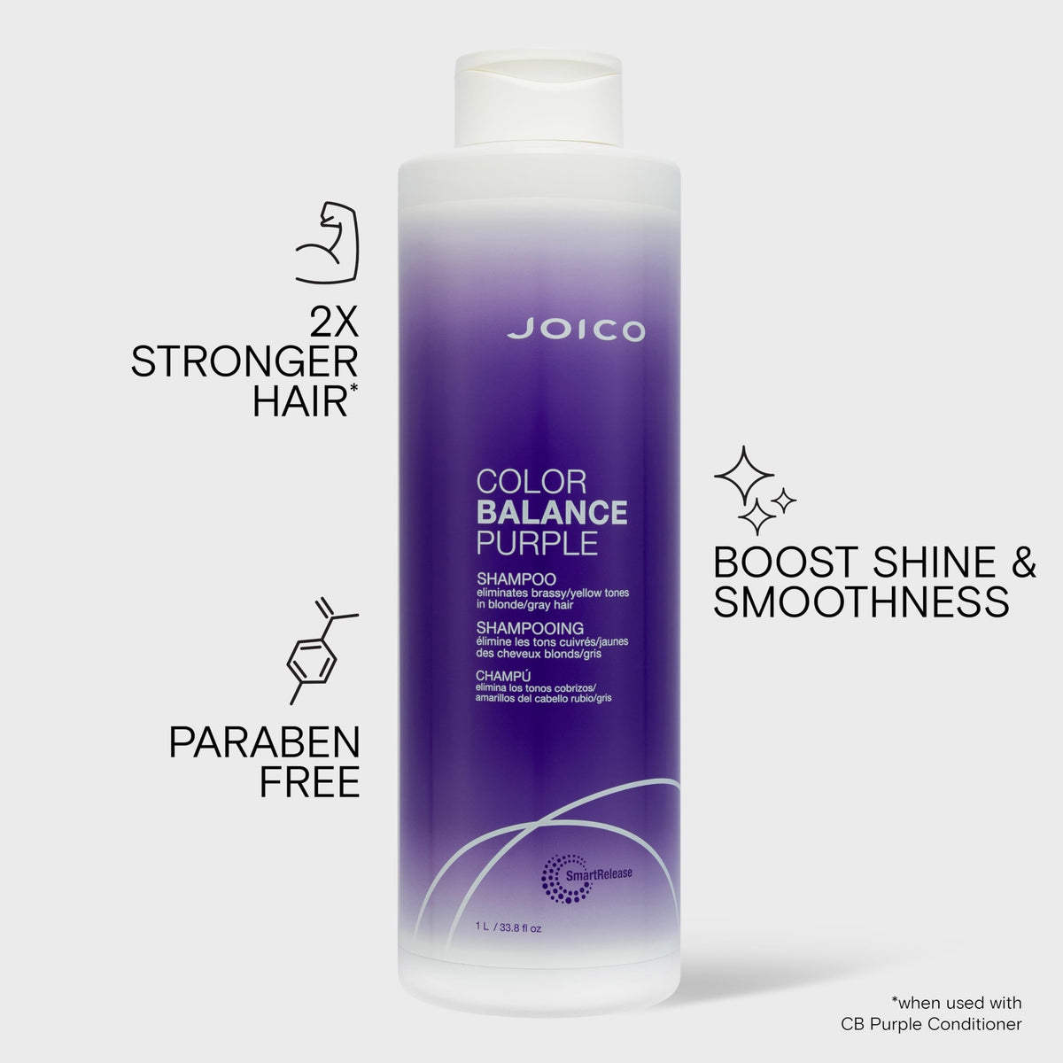 Joico purple shampoo texture closeup showing violet pigment benefit: immediate brass reduction
