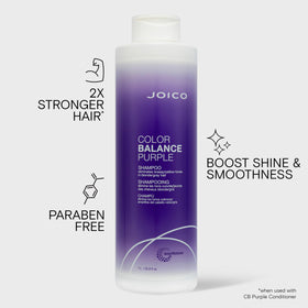 Joico purple shampoo texture closeup showing violet pigment benefit: immediate brass reduction