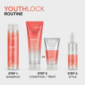 Joico YouthLock bottle next to ruler scale comparing the 10.1 fl oz size
