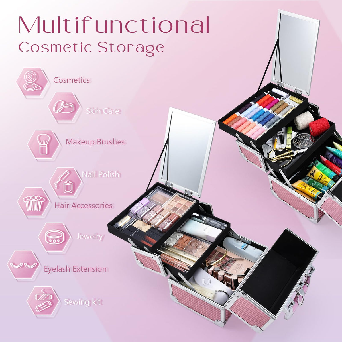 Joligrace open cantilever trays with mirror displaying easy access and organization