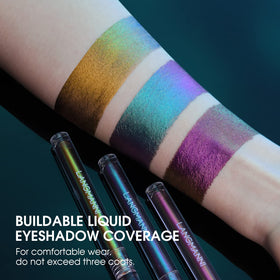 Jolilab eye look on model in Peacock showing striking color-shift and durable finish benefit