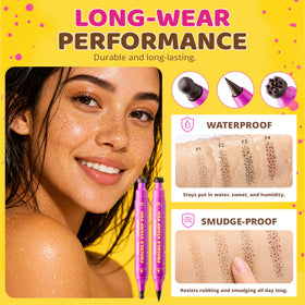 Jolilab freckle pen swatches on arm showing buildable, realistic medium brown tones
