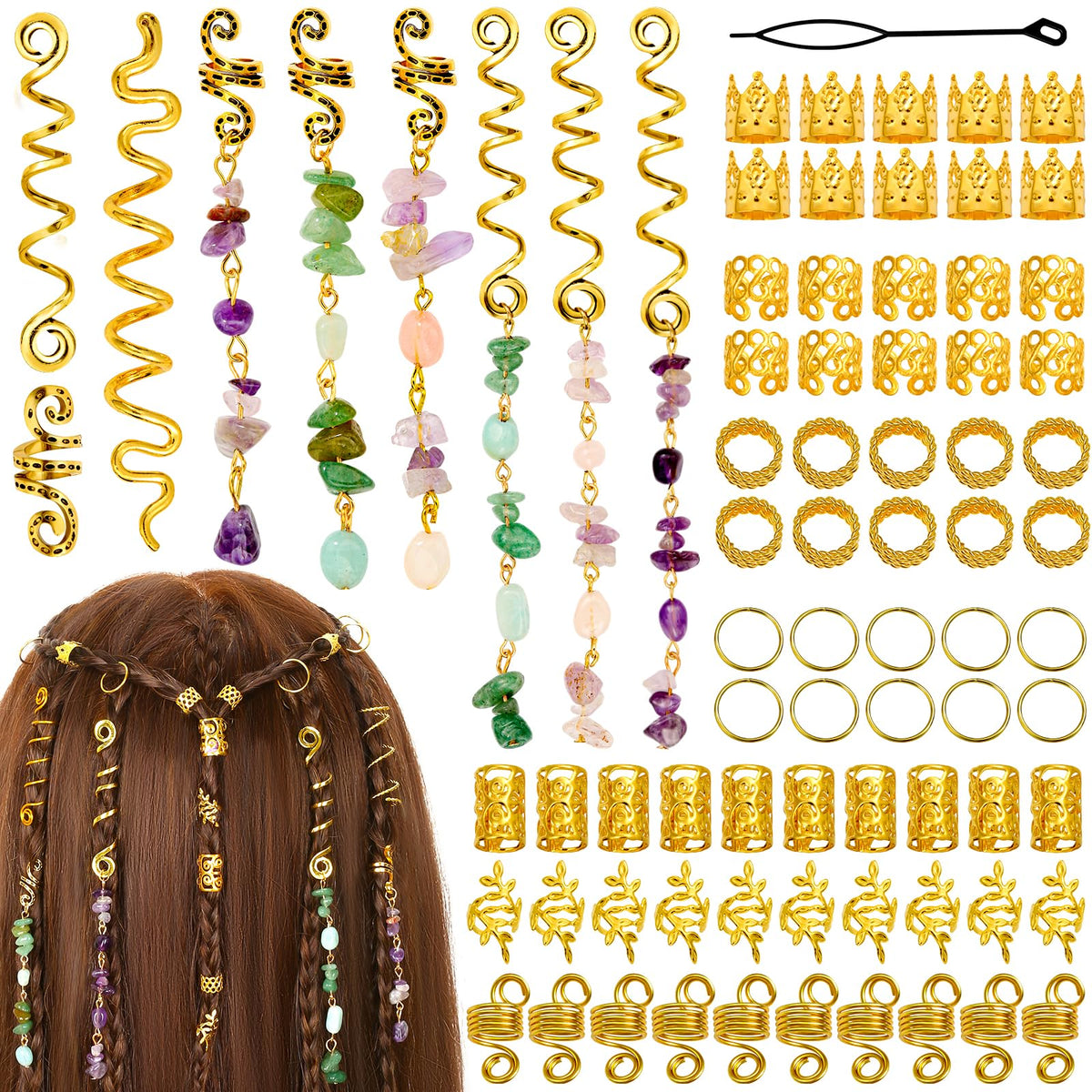 Jollidecor front packaging showing complete 80-piece hair jewelry set and components