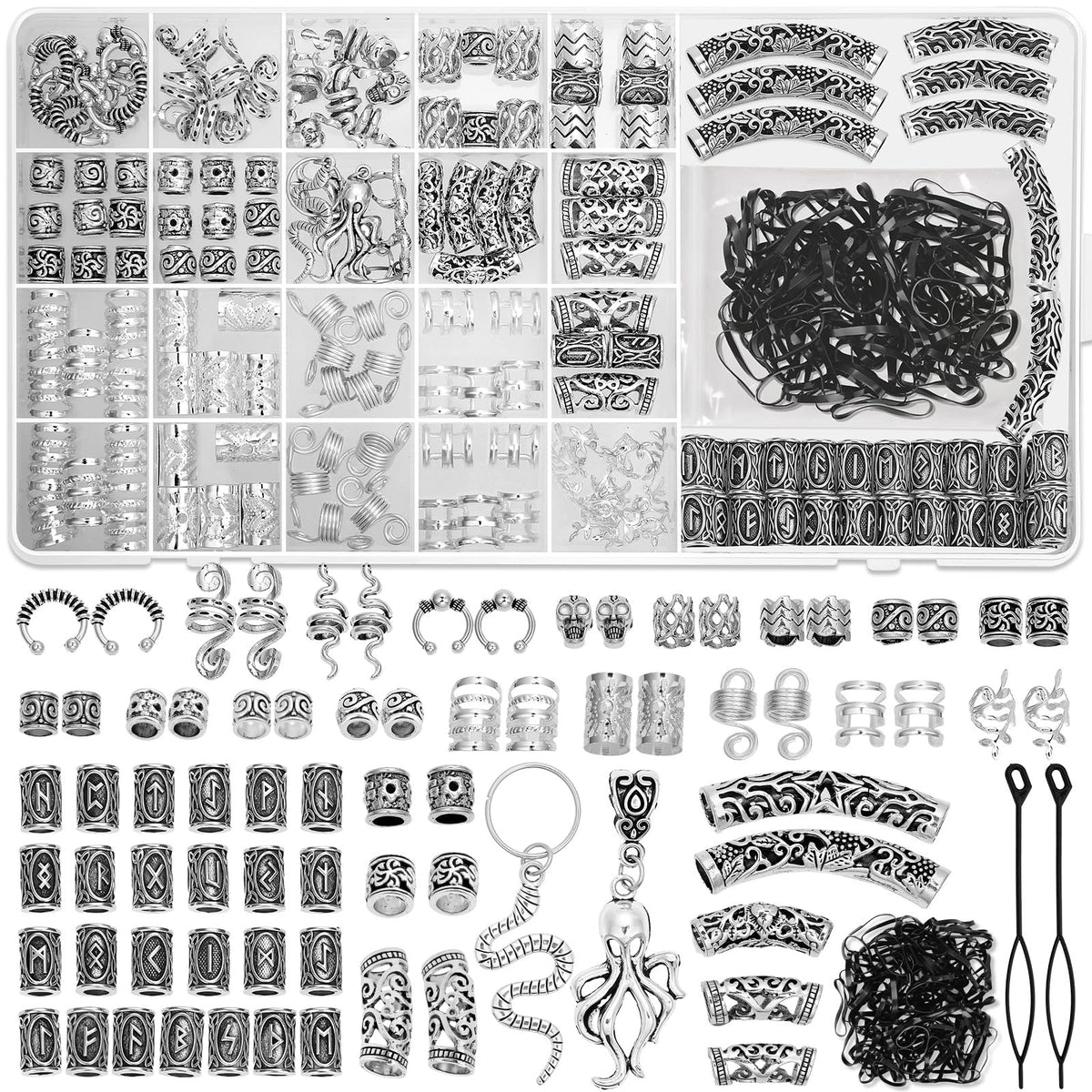 Jollidecor front packaging showing full 247-piece Viking hair set and storage box for easy access