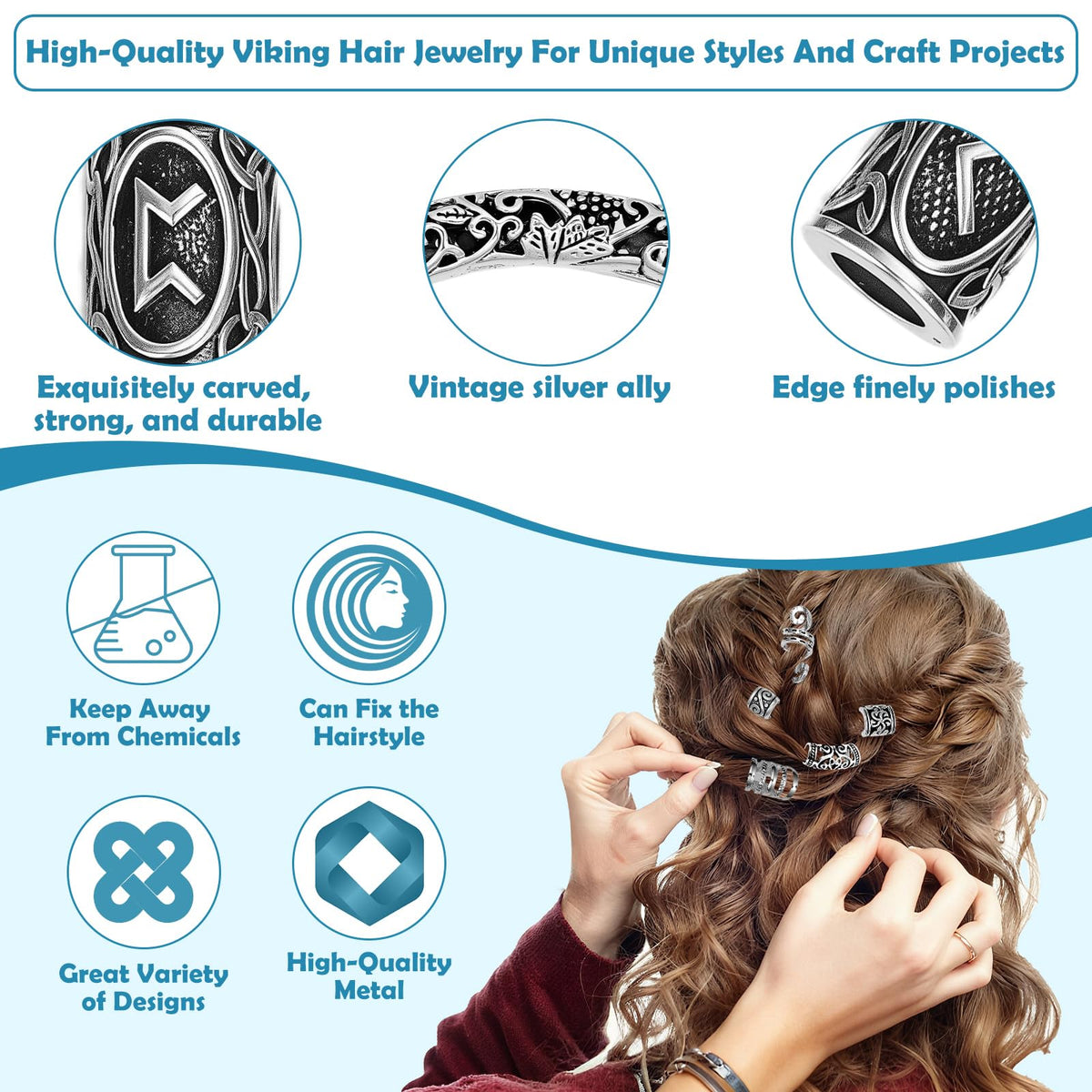 Jollidecor close-up of tubular Norse rune beads highlighting smooth interiors for hair protection