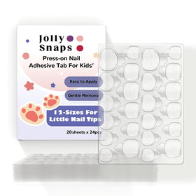 Jolly Snaps front packaging showing 480 non-toxic nail tabs and benefits