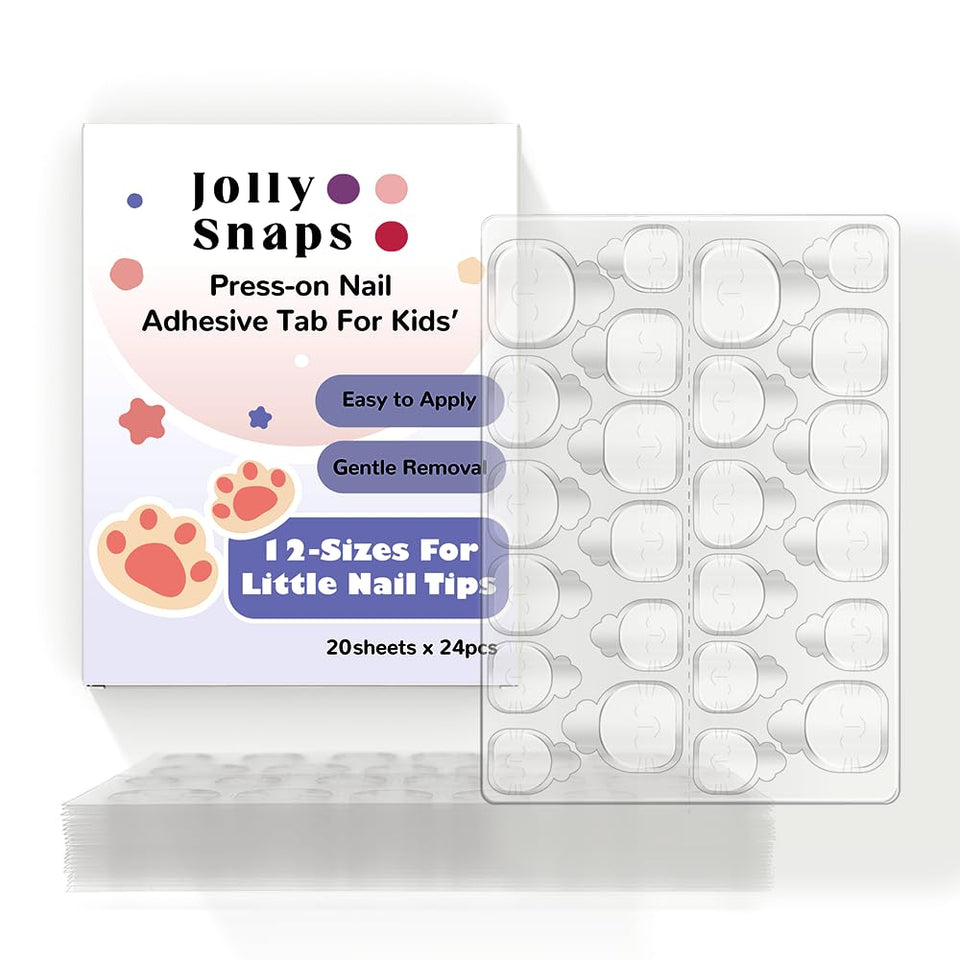 Jolly Snaps front packaging showing 480 non-toxic nail tabs and benefits
