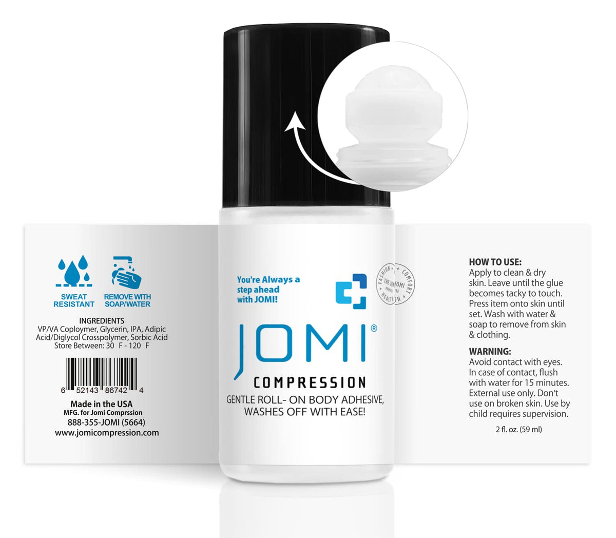 JOMI COMPRESSION roll-on applicator close-up demonstrating precise, mess-free application