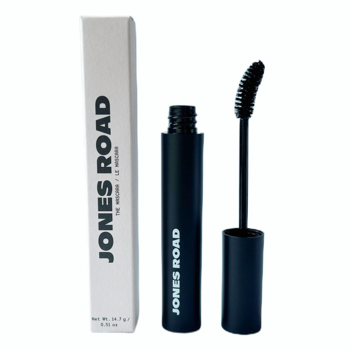 Jones mascara front packaging showing sleek tube and pitch black label for bold lashes
