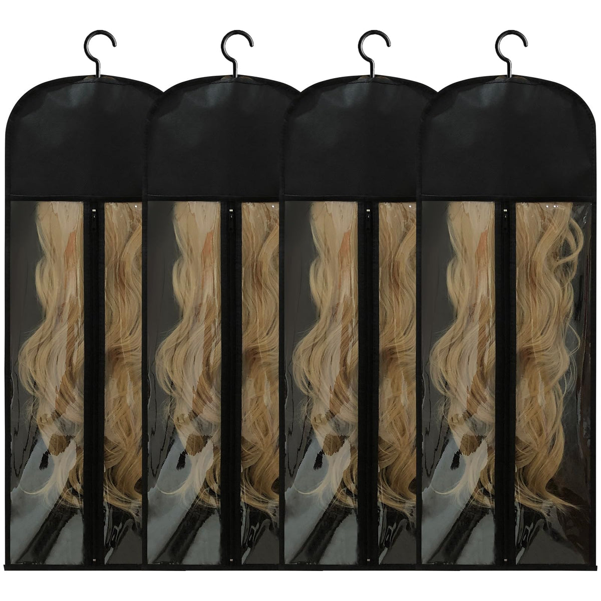 Jonley front view of four black storage bags protecting wigs neatly