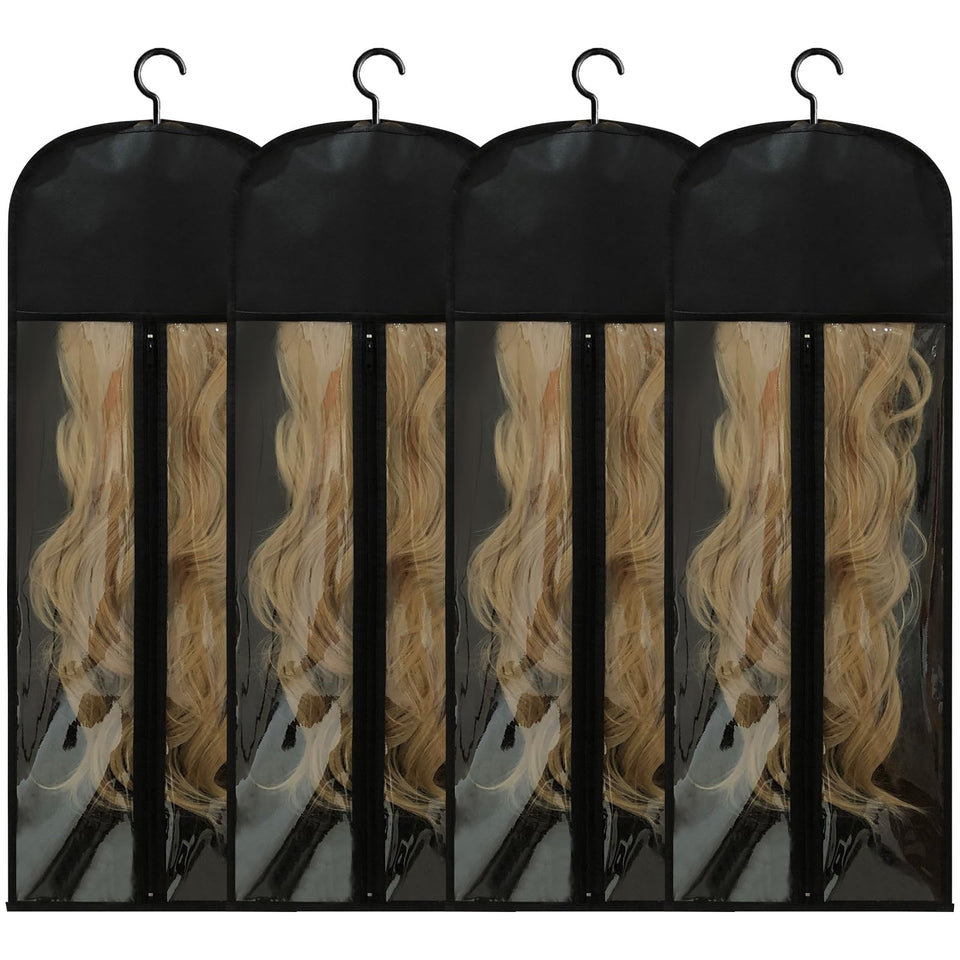 Jonley front view of four black storage bags protecting wigs neatly