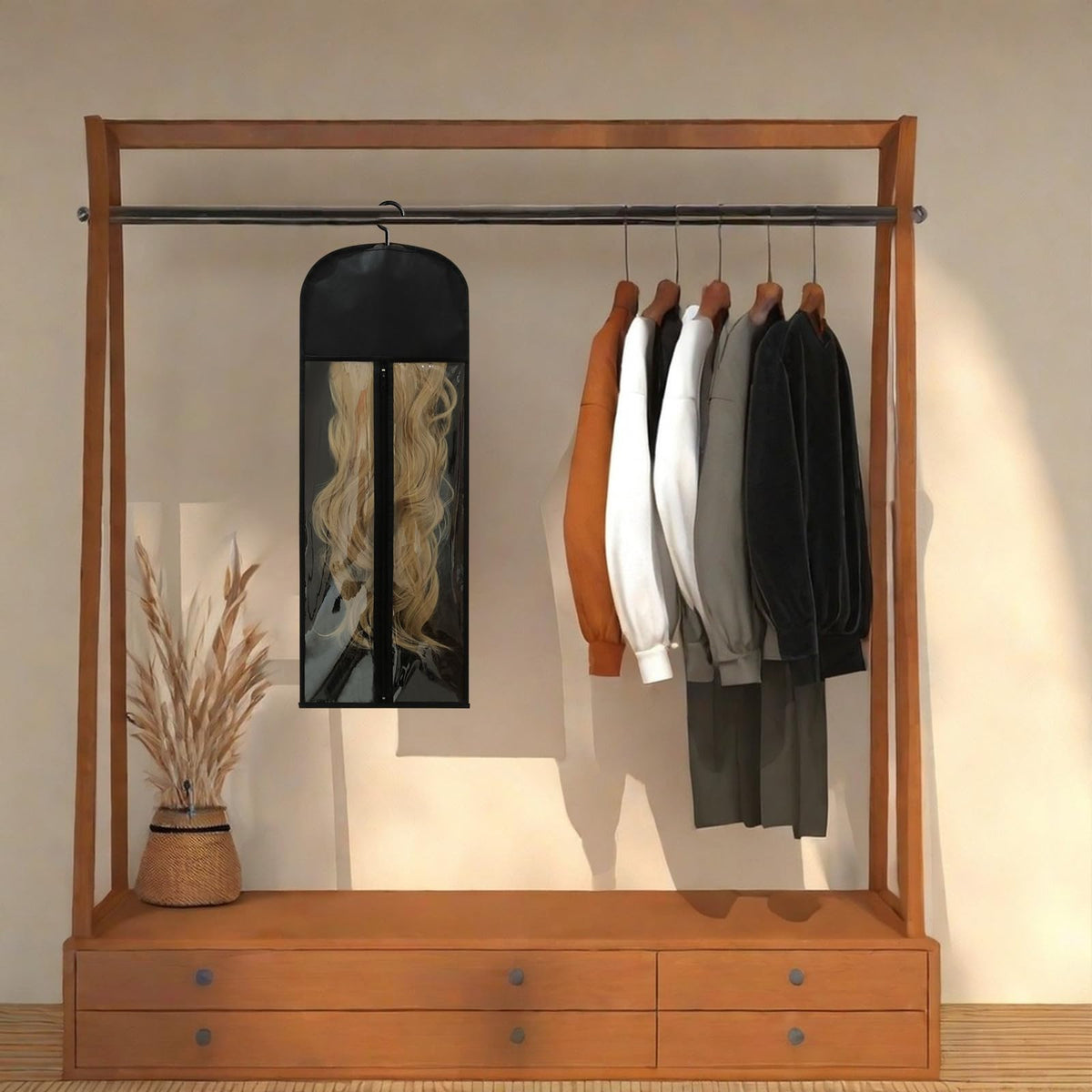 Jonley long wig inside bag demonstrating full-length protection