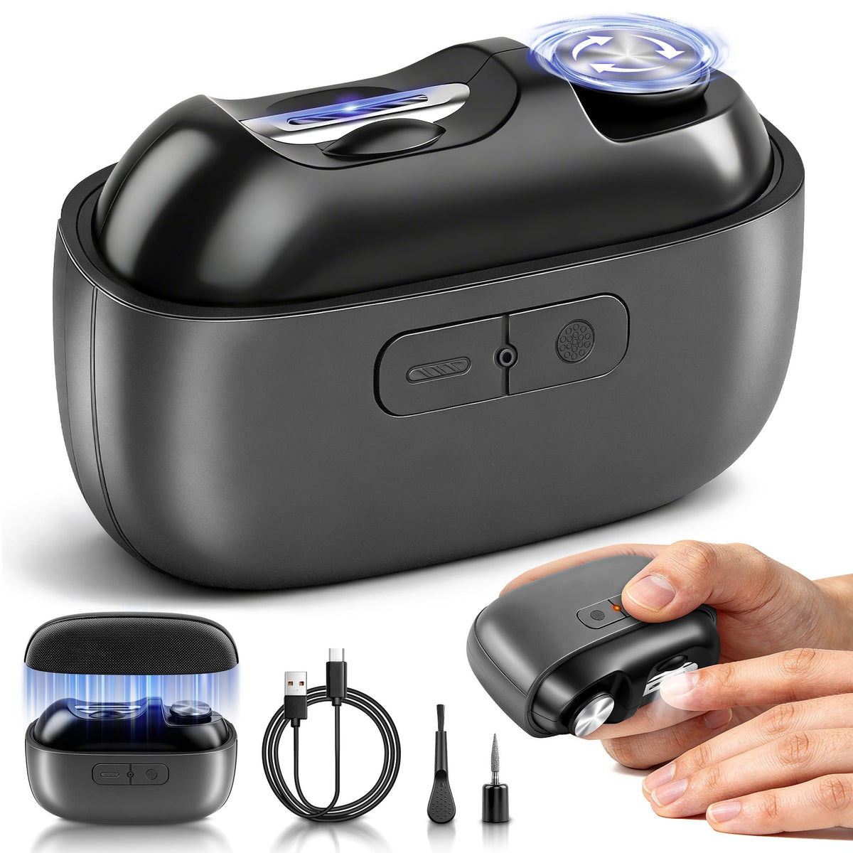 JOOYDYNIC electric nail clipper front view showing one-touch button and compact design benefit