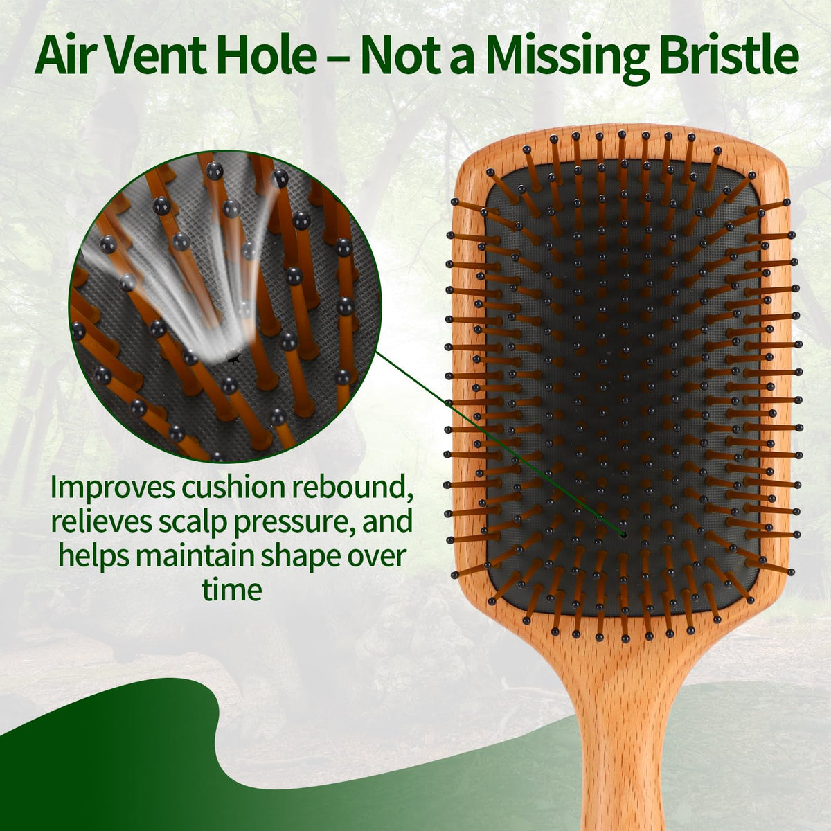 Jorplixy cushion close-up showing ventilation hole for gentler detangling