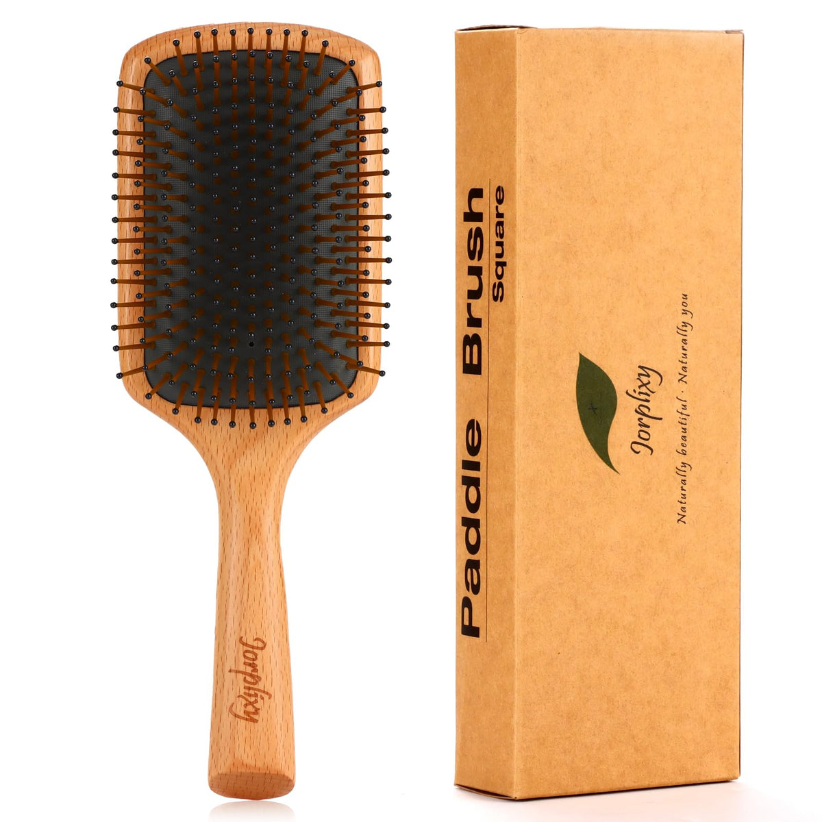 Jorplixy front view wooden paddle brush showing shape and size for easy styling