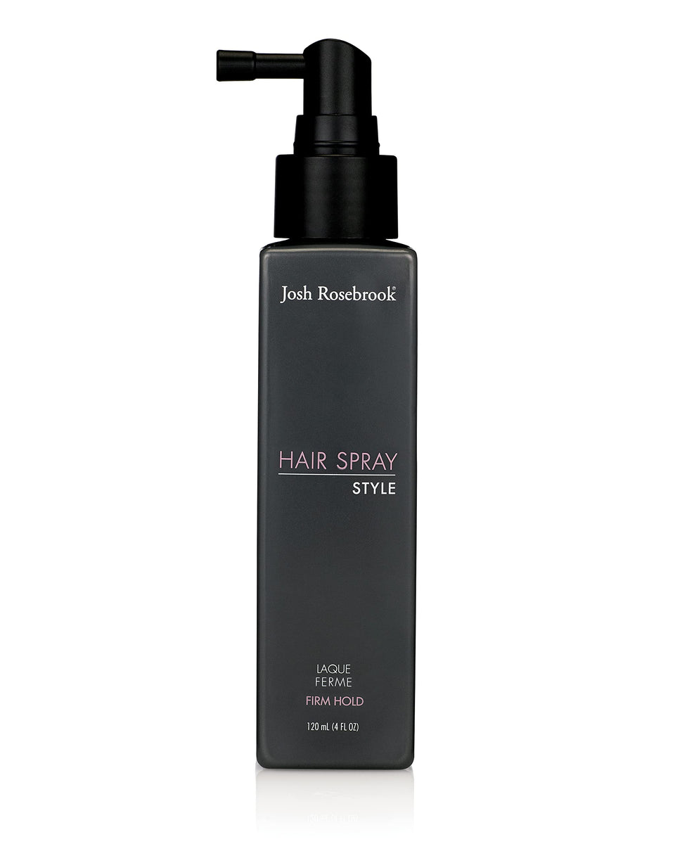 Josh Rosebrook front bottle view showing firm hold hairspray and clear label benefits