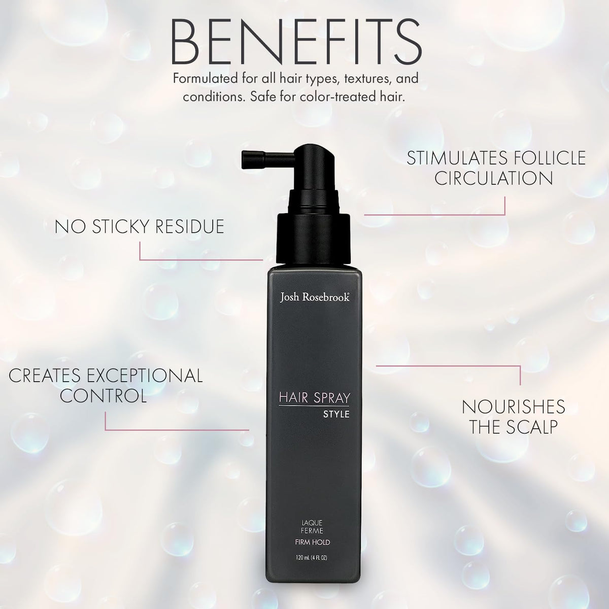 Josh Rosebrook hairspray in mid-spray demonstrating even mist and lasting control
