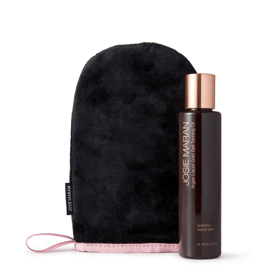 Josie Maran front bottle showing product label and elegant packaging benefit of clarity