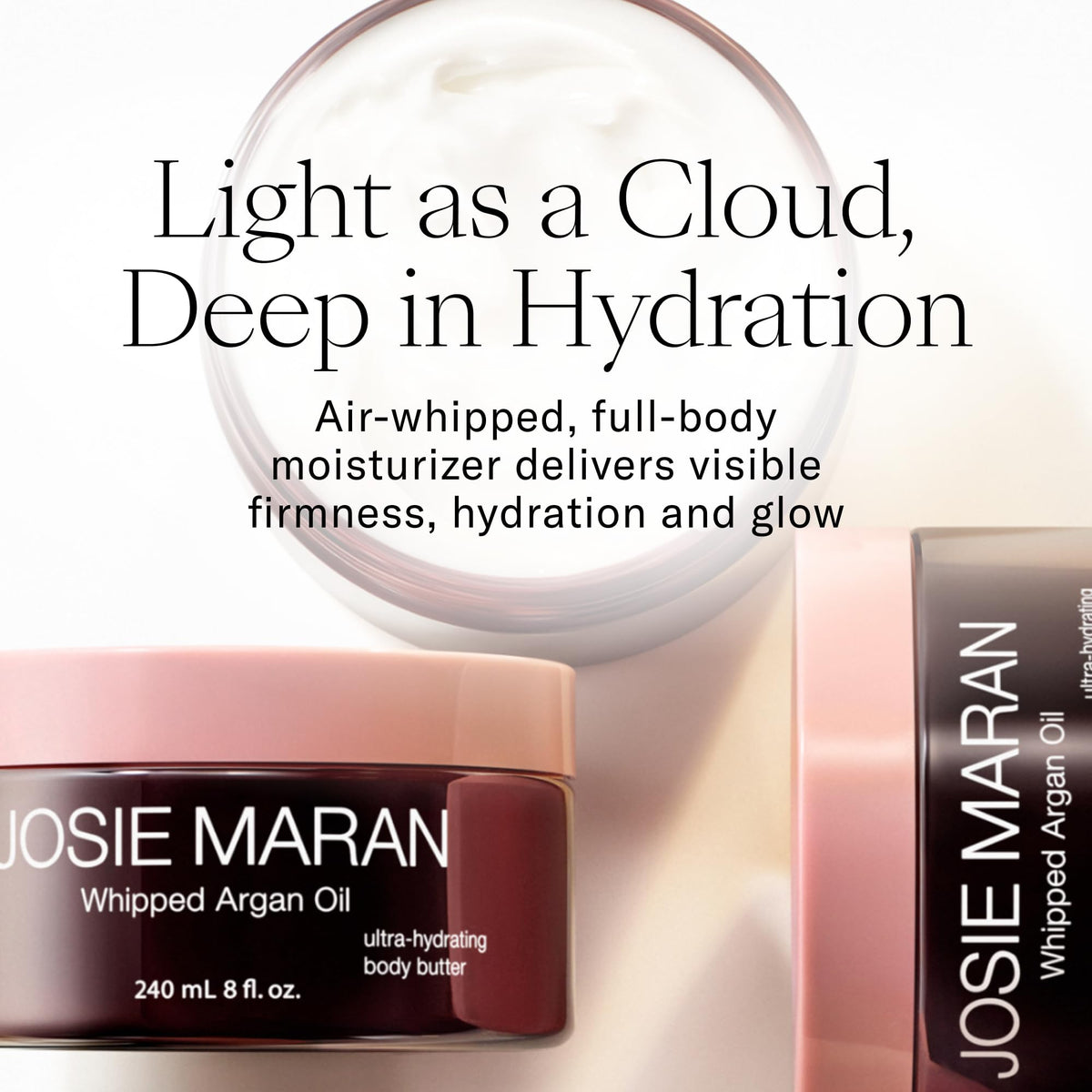 Josie Maran whipped texture close-up demonstrating airy, fast-absorbing cream for smooth skin